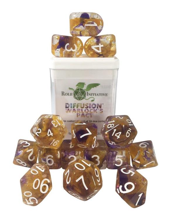 Role 4 initiative - Set of 15 polyhedral dice - Warlock's Pact spread with symbol