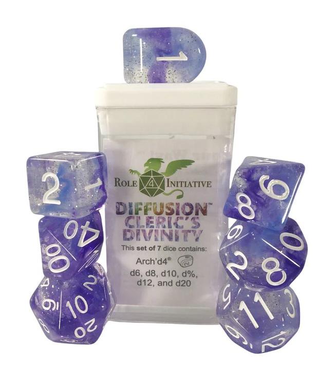 Role 4 initiative - Set of 7 polyhedral dice - Cleric's Divinity diffusion with symbol