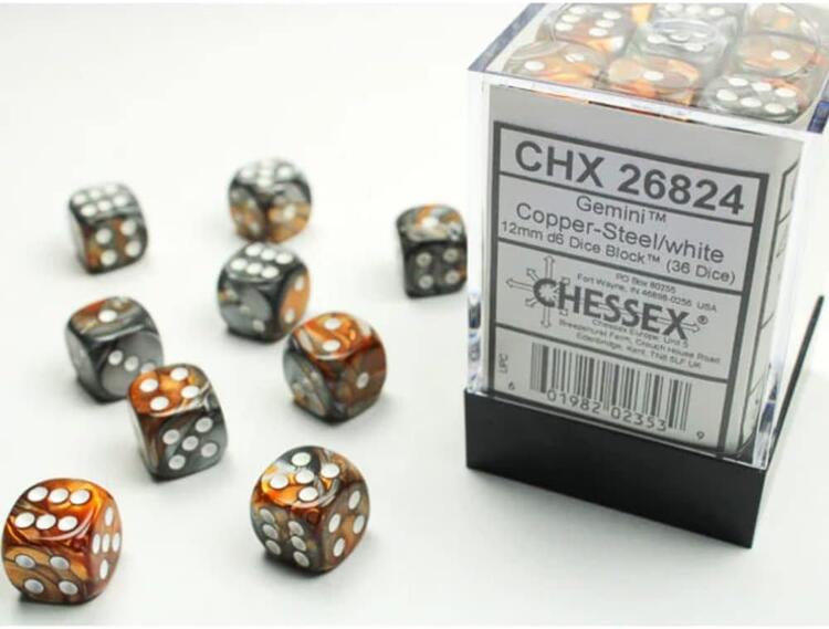 Chessex - Ensemble de 36 dés 6  -  12mm  -  Gemini Copper-Steel / White