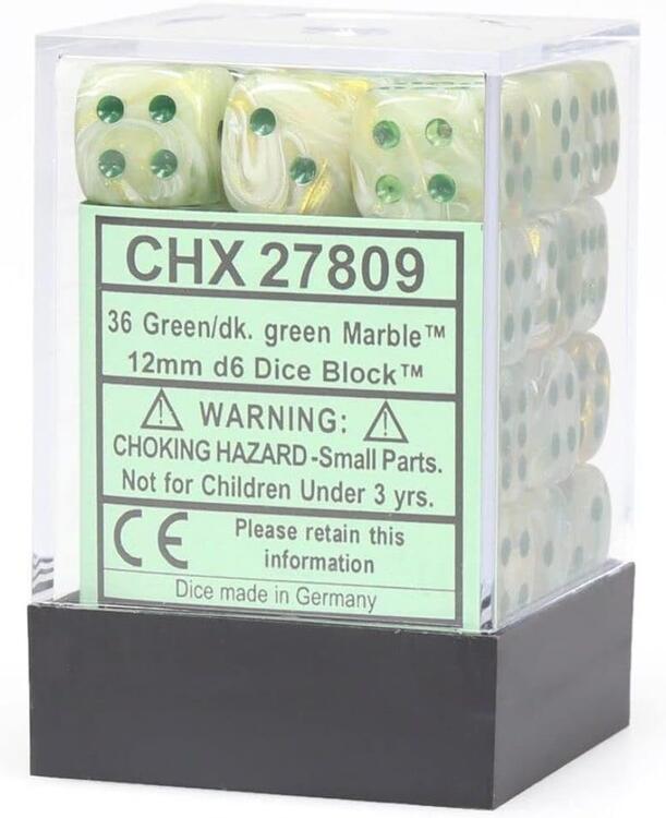 Chessex - Ensemble de 36 dés 6  -  12mm  -  Marble Green / Dark Green