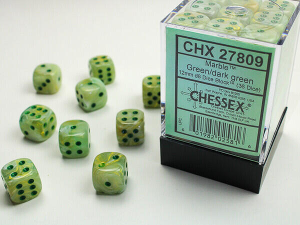 Chessex - Ensemble de 36 dés 6  -  12mm  -  Marble Green / Dark Green