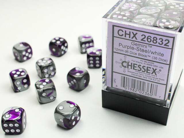 Chessex - Ensemble de 36 dés 6  -  12mm  -  Gemini Purple-Steel / White