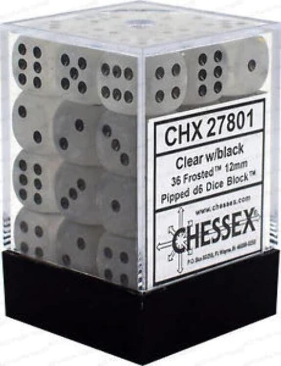 Chessex - Ensemble de 36 dés 6  -  12mm  -  Frosted Clear / Black