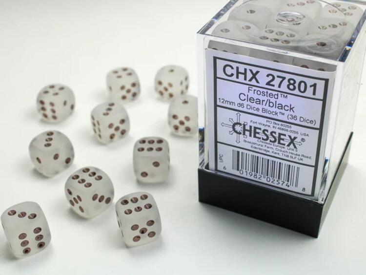 Chessex - Ensemble de 36 dés 6  -  12mm  -  Frosted Clear / Black