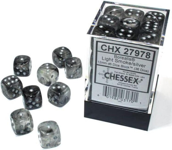 Chessex - Ensemble de 36 dés 6  -  12mm  -  Borealis Light Smoke / Silver [Glows in the Dark]