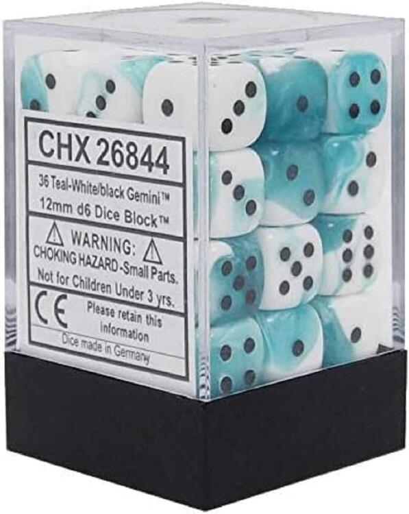 Chessex - Ensemble de 36 dés 6  -  12mm  -  Gemini Teal-White / Black