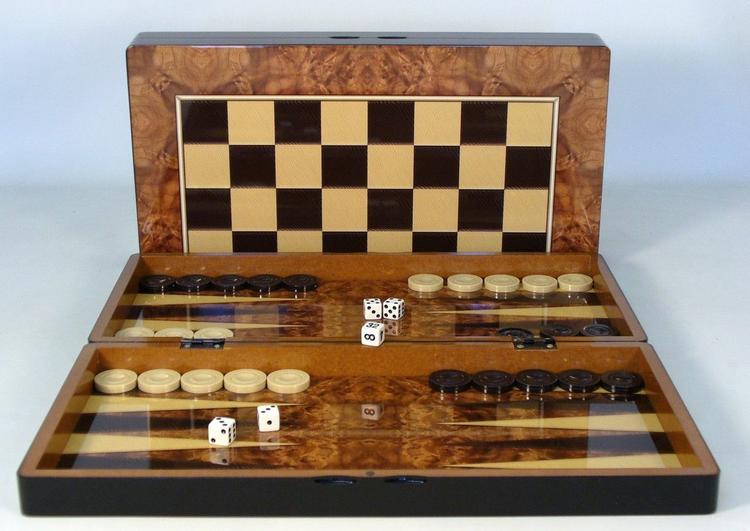 Ensemble de backgammon pliant en bois de style Burl Wood Decoupage de 19 pouces